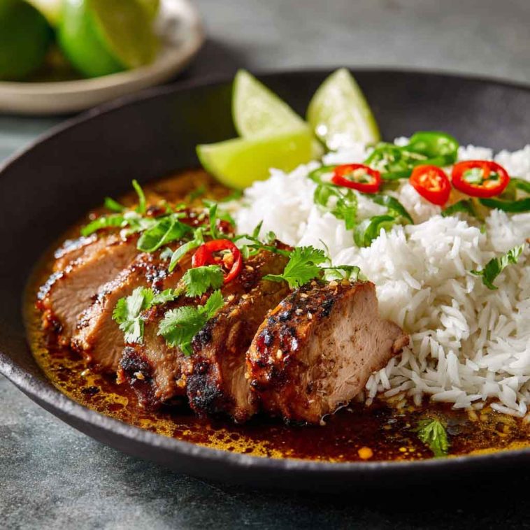 Zesty ginger lime pork slices served over creamy coconut rice, garnished with fresh cilantro, lime wedges, and chili flakes on a ceramic plate.