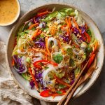 Colorful spring roll salad with rice noodles, vegetables, and spicy ginger dressing in a bowl.