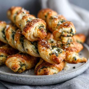 Golden spinach and feta puff pastry twists with flaky layers, filled with creamy feta and sautéed spinach, served on a rustic wooden board.