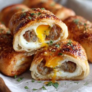 Golden sausage egg breakfast rolls filled with fluffy scrambled eggs, savory sausage, and melted cheese, served warm on a breakfast tray.