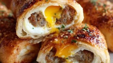 Golden sausage egg breakfast rolls filled with fluffy scrambled eggs, savory sausage, and melted cheese, served warm on a breakfast tray.