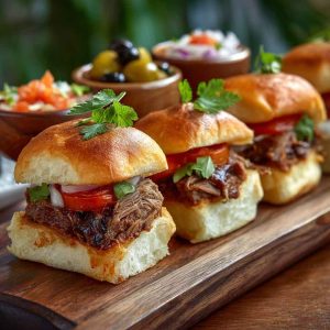 Mini Cuban sliders layered with roasted pork, ham, Swiss cheese, pickles, and mustard, pressed and toasted to golden perfection.