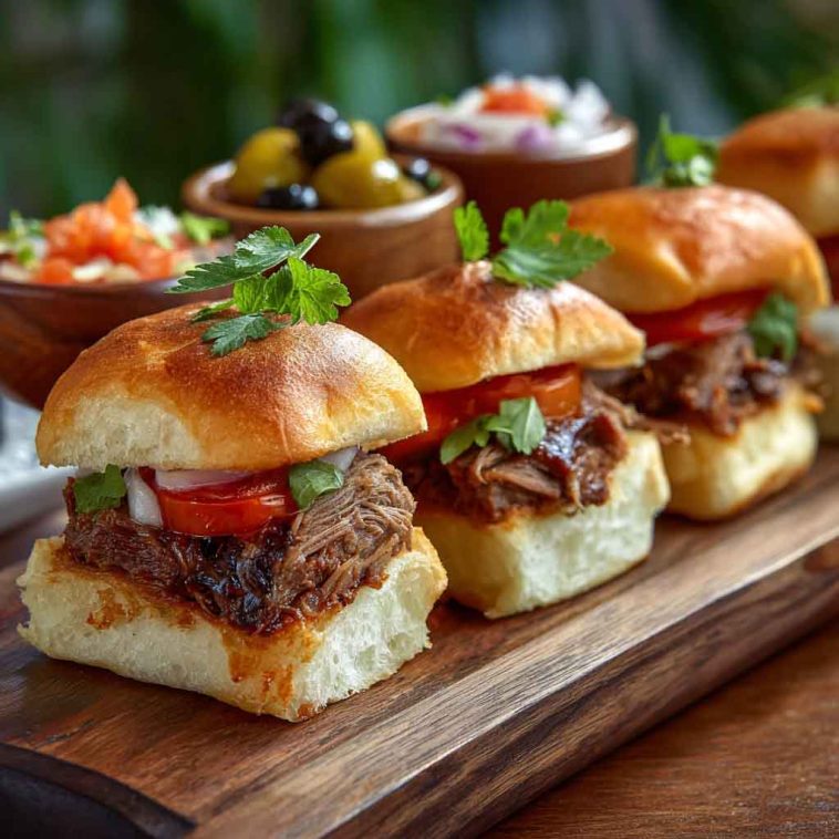 Mini Cuban sliders layered with roasted pork, ham, Swiss cheese, pickles, and mustard, pressed and toasted to golden perfection.