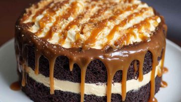 Layered chocolate fudge cake with salted caramel buttercream frosting and caramel drizzle on top.