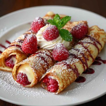 Raspberry vanilla cream crepes – Thin golden crepes filled with vanilla cream and topped with fresh raspberries.