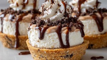 Mini tiramisu cookie cups filled with creamy mascarpone, dusted with cocoa powder, and topped with chocolate shavings, served on a dessert tray.