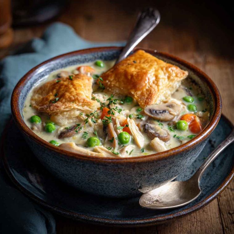 High protein chicken pot pie soup served in a bowl with shredded chicken, peas, carrots, and creamy broth, garnished with fresh herbs and a puff pastry topper.