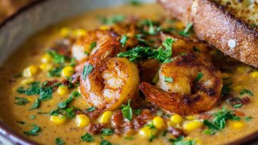 Creamy shrimp and corn bisque garnished with herbs and served in a rustic bowl.