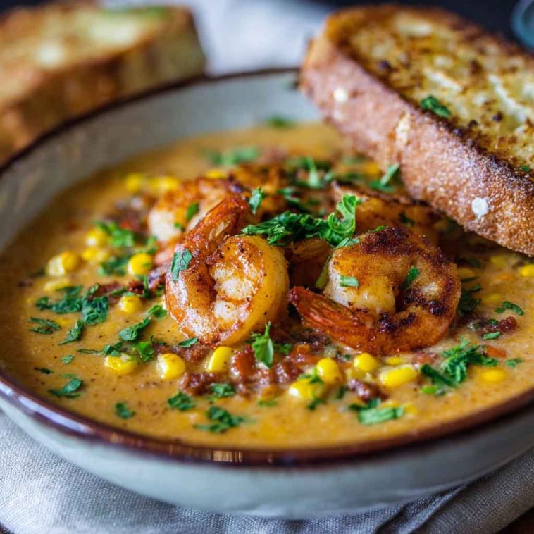 Creamy shrimp and corn bisque garnished with herbs and served in a rustic bowl.