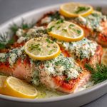 Baked Boursin salmon fillet topped with creamy herb cheese, garnished with fresh dill and lemon slices, served with roasted vegetables.