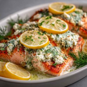 Baked Boursin salmon fillet topped with creamy herb cheese, garnished with fresh dill and lemon slices, served with roasted vegetables.