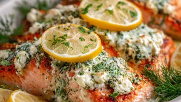 Baked Boursin salmon fillet topped with creamy herb cheese, garnished with fresh dill and lemon slices, served with roasted vegetables.
