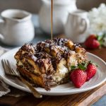 Golden chocolate croissant breakfast bake with flaky pastry layers, melted chocolate, and a dusting of powdered sugar, served in a baking dish.