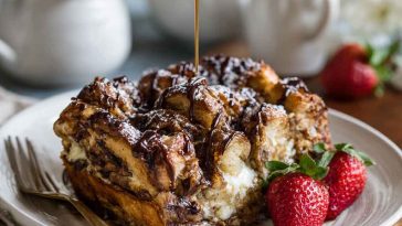 Golden chocolate croissant breakfast bake with flaky pastry layers, melted chocolate, and a dusting of powdered sugar, served in a baking dish.