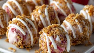 Mini strawberry cheesecake crunch bites topped with crushed golden cookies, fresh strawberry slices, and creamy cheesecake filling, served on a dessert platter.