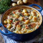 Creamy one pot gnocchi chicken pot pie with golden gnocchi, tender chicken, peas, and carrots in a rich sauce, served in a skillet.