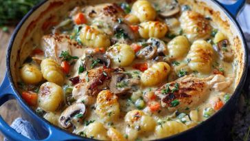 Creamy one pot gnocchi chicken pot pie with golden gnocchi, tender chicken, peas, and carrots in a rich sauce, served in a skillet.