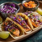 Air fryer salmon tacos topped with cabbage slaw, lime wedges, and cilantro on a serving board.