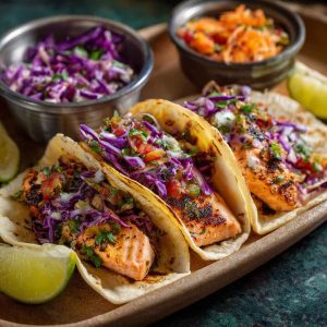 Air fryer salmon tacos topped with cabbage slaw, lime wedges, and cilantro on a serving board.