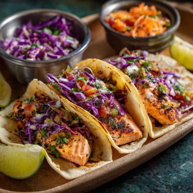 Air fryer salmon tacos topped with cabbage slaw, lime wedges, and cilantro on a serving board.