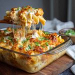 Cheesy buffalo chicken pasta bake in a casserole dish with melted cheese and chopped herbs on top.