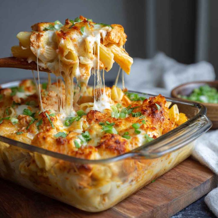 Cheesy buffalo chicken pasta bake in a casserole dish with melted cheese and chopped herbs on top.