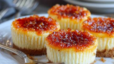 Crème brûlée cheesecake with a golden caramelized sugar top, sliced to reveal a creamy vanilla center.