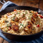 A skillet of creamy Cajun chicken and rice with tender chicken pieces, bell peppers, and a rich, spiced sauce.