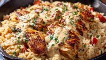 A skillet of creamy Cajun chicken and rice with tender chicken pieces, bell peppers, and a rich, spiced sauce.