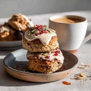 Golden breakfast protein biscuits stacked on a plate, filled with eggs, cheese, and sausage, ready to serve.