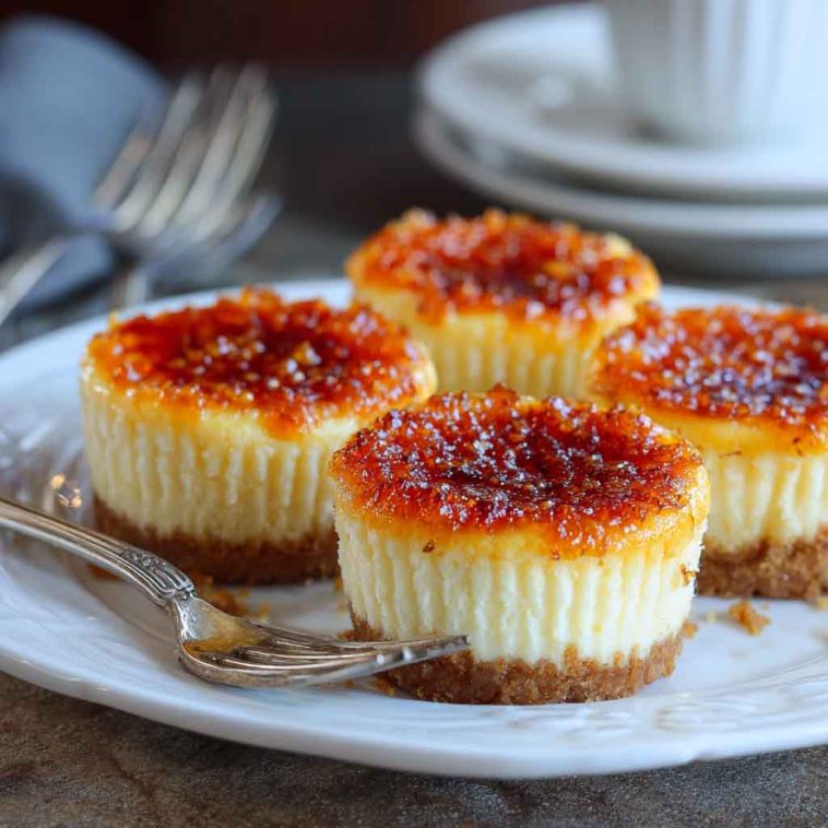 Crème brûlée cheesecake with a golden caramelized sugar top, sliced to reveal a creamy vanilla center.