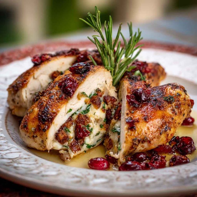 Stuffed chicken breast sliced to reveal melted brie and cranberry filling, garnished with herbs on a serving plate.