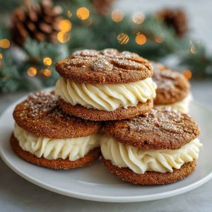 Two ginger molasses cookies sandwiched with creamy eggnog frosting, dusted with cinnamon and served on a holiday platter with festive decor.