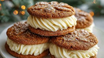 Two ginger molasses cookies sandwiched with creamy eggnog frosting, dusted with cinnamon and served on a holiday platter with festive decor.