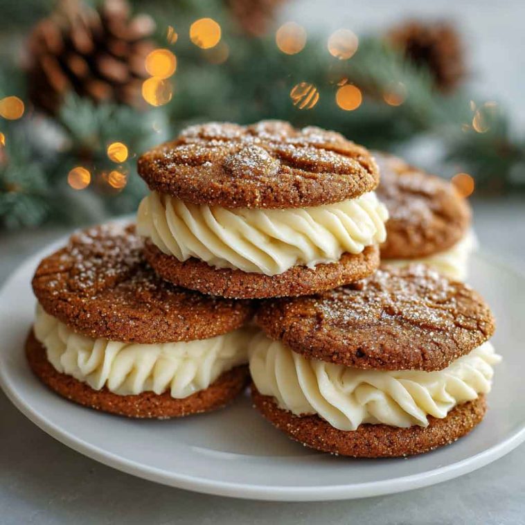 Two ginger molasses cookies sandwiched with creamy eggnog frosting, dusted with cinnamon and served on a holiday platter with festive decor.