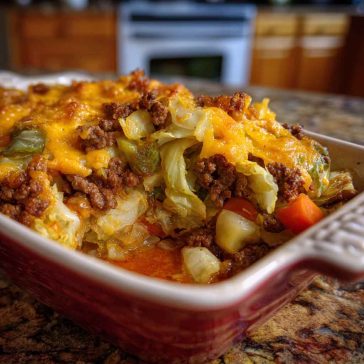 A golden-baked casserole of cabbage and ground beef layered with cheese and tomato sauce, served in a rustic baking dish.