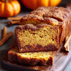 Snickerdoodle pumpkin bread loaf with a golden cinnamon-sugar crust, sliced to show moist interior.