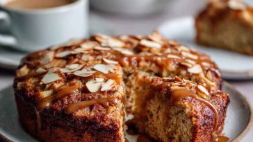 A slice of healthy oatmeal apple cake with chunks of fresh apple, topped with oats and cinnamon, served on a rustic plate.