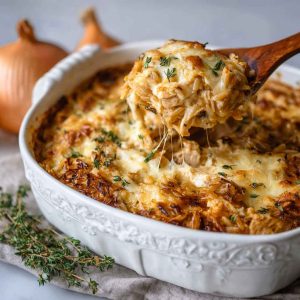A golden-baked French onion chicken orzo casserole in a skillet, topped with melted cheese, caramelized onions, and fresh thyme sprigs.