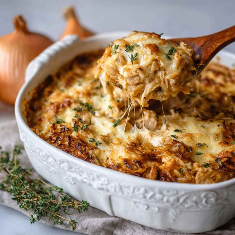 A golden-baked French onion chicken orzo casserole in a skillet, topped with melted cheese, caramelized onions, and fresh thyme sprigs.