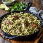 A skillet filled with tender chicken, fluffy rice, and salsa verde, garnished with fresh cilantro, lime wedges, and melted cheese.