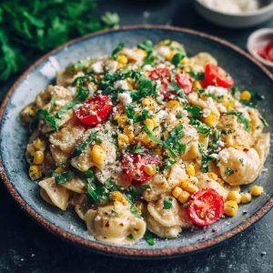 A colorful bowl of healthy street corn pasta salad with grilled corn, whole grain pasta, avocado, cilantro, and a creamy lime dressing.