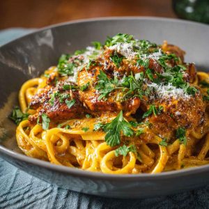 A plate of cowboy butter chicken linguine with juicy chicken slices, creamy butter sauce, fresh herbs, and a sprinkle of chili flakes.