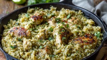 A skillet filled with tender chicken, fluffy rice, and salsa verde, garnished with fresh cilantro, lime wedges, and melted cheese.