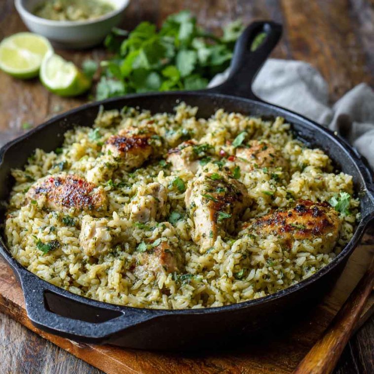 A skillet filled with tender chicken, fluffy rice, and salsa verde, garnished with fresh cilantro, lime wedges, and melted cheese.