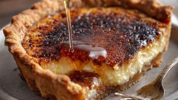 A golden slice of burnt honey pie with a caramelized top and buttery crust, served on a ceramic dessert plate.