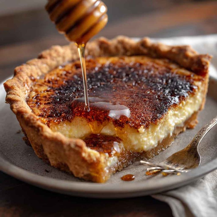 A golden slice of burnt honey pie with a caramelized top and buttery crust, served on a ceramic dessert plate.