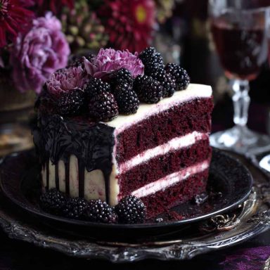 A rich blackberry velvet gothic cake with deep purple layers, glossy blackberry glaze, and dark floral accents on a moody cake stand.