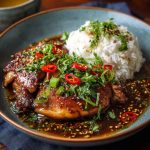 A bowl of caramelised soy chicken served over steamed rice, topped with scallions and surrounded by garlic ginger broth.