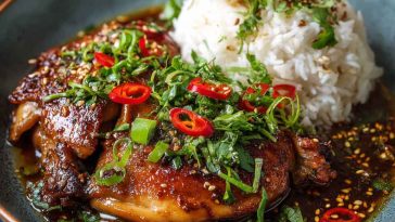 A bowl of caramelised soy chicken served over steamed rice, topped with scallions and surrounded by garlic ginger broth.